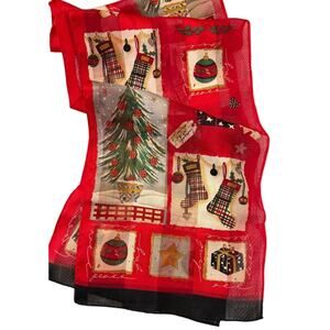 Liz Claiborne Christmas Holiday Scarf Red Stocking Ornament Tree 52"